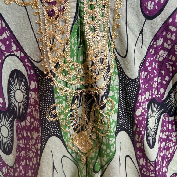 Unisex African Dashiki Tunic – Green and Purple Wax Print – Traditional Boho Fit - Picture 8 of 16